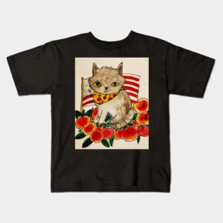 Cats, cat, patriotic, flowers, summer, festive, fun kitty, 4th of July Kids T-Shirt